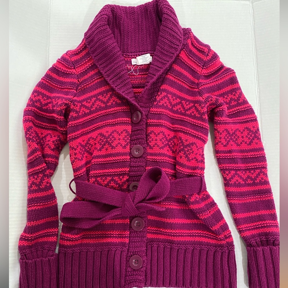 The Eagles Eye maroon and pink knit cardigan with belt girls size 10-12